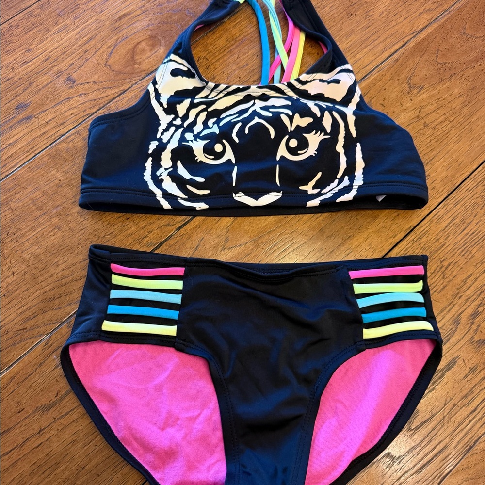 Like New Girls Neon w/ glow in the dark Tiger bikini from Justice- Size 10